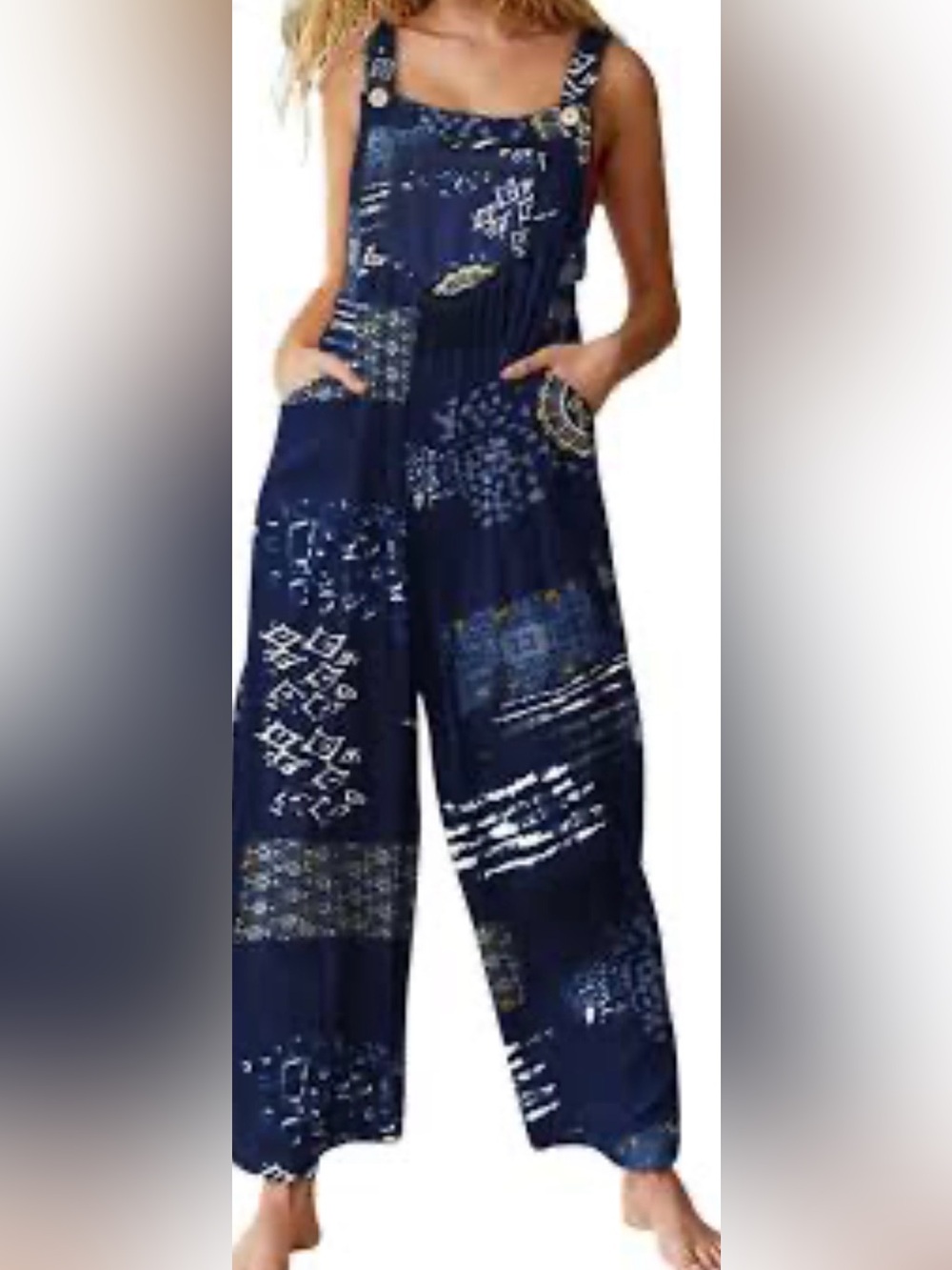 Small shop|Navy Boho Patchwork print Wide-Leg sleeveless Jumpsuit,overall style•
